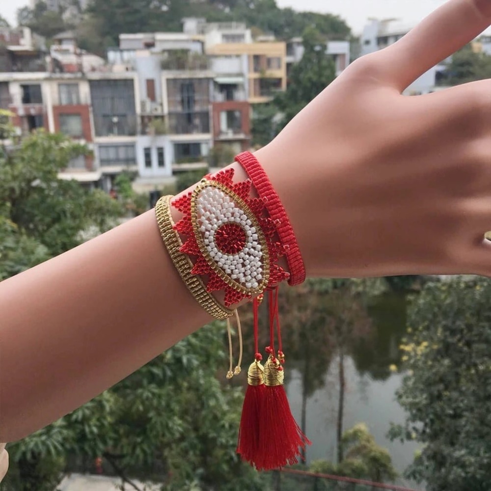 Evil Eye Beaded Bracelet Set Hamsa Tassel Jewelry